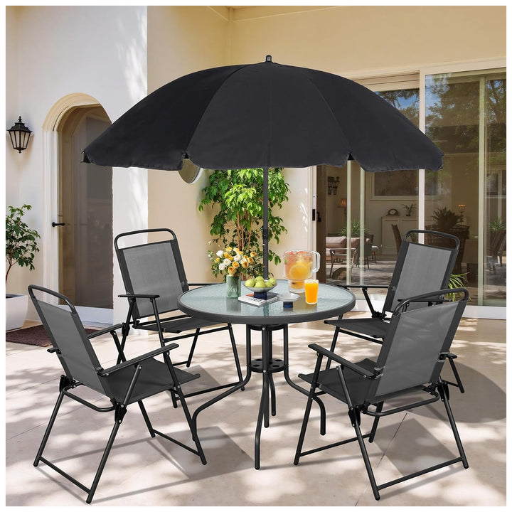 Vongrasig 6Pc Folding Patio Set, Outdoor Table, Chairs & Umbrella (Open Box)