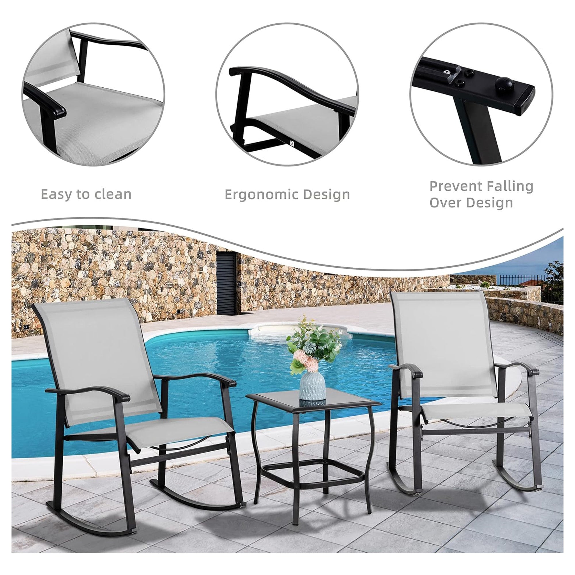 Vongrasig 3pc Outdoor Rocking Bistro Set w/ Patio Chairs & Table, Gray(Open Box) - VMInnovations