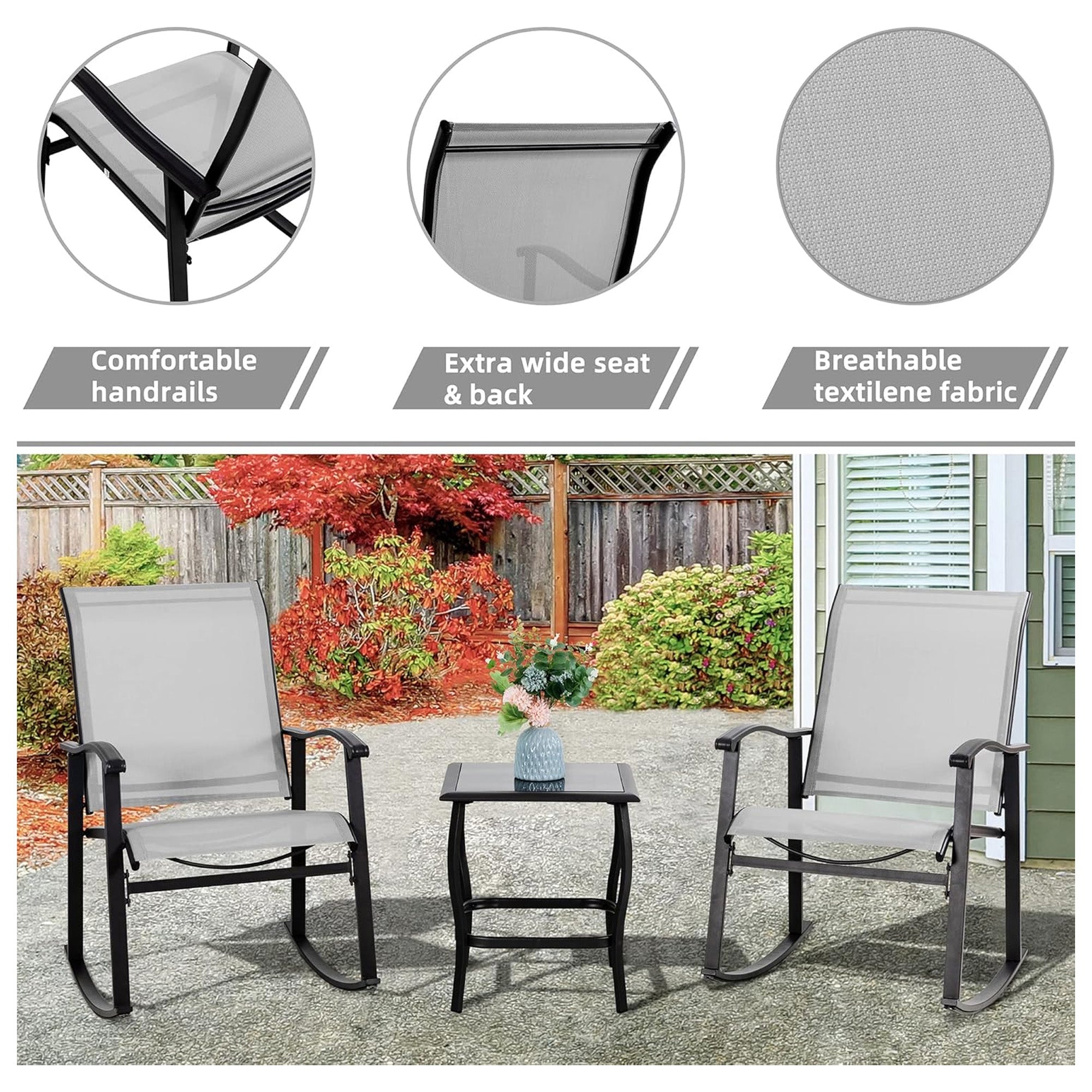 Vongrasig 3pc Outdoor Rocking Bistro Set w/ Patio Chairs & Table, Gray(Open Box) - VMInnovations