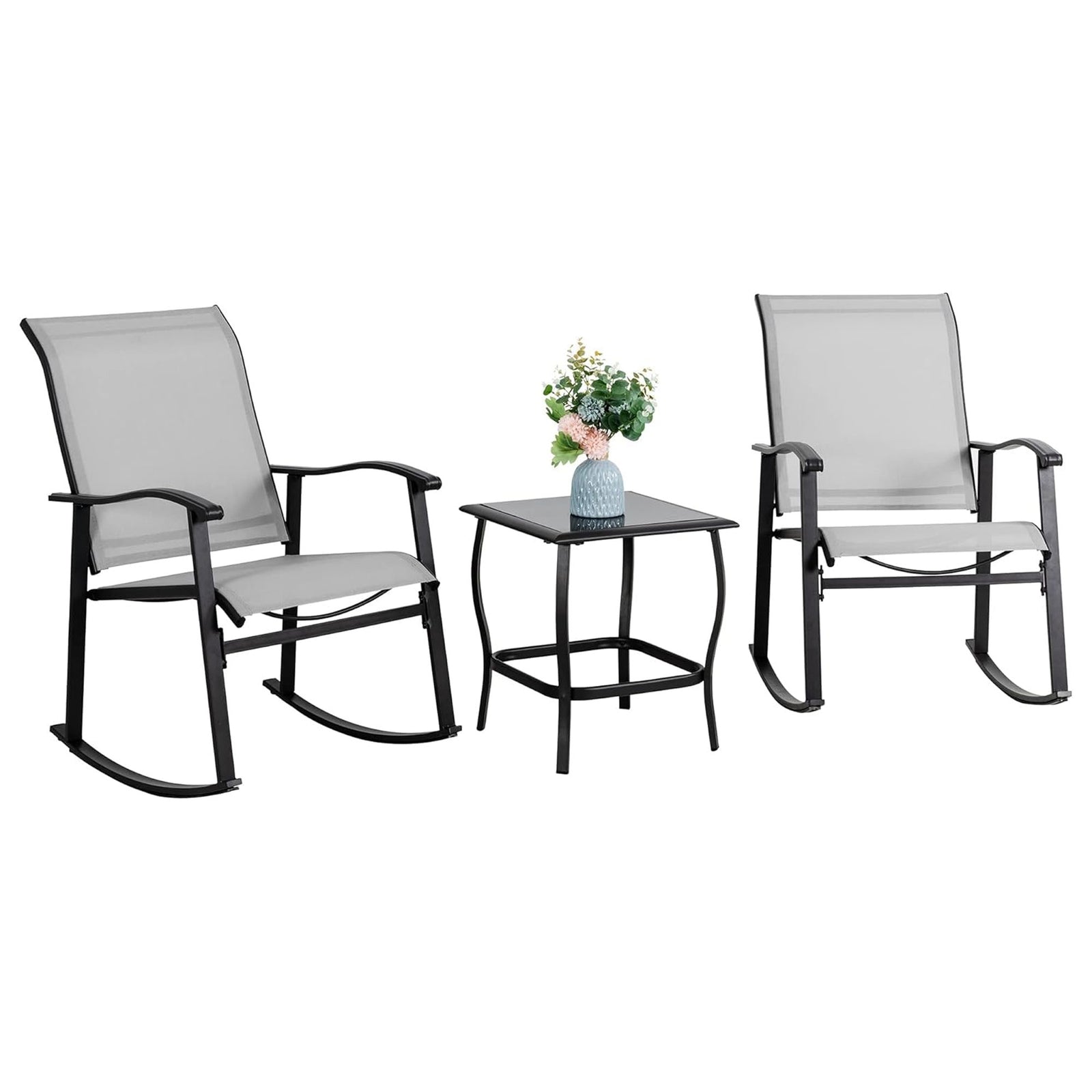 Vongrasig 3pc Outdoor Rocking Bistro Set w/ Patio Chairs & Table, Gray(Open Box) - VMInnovations