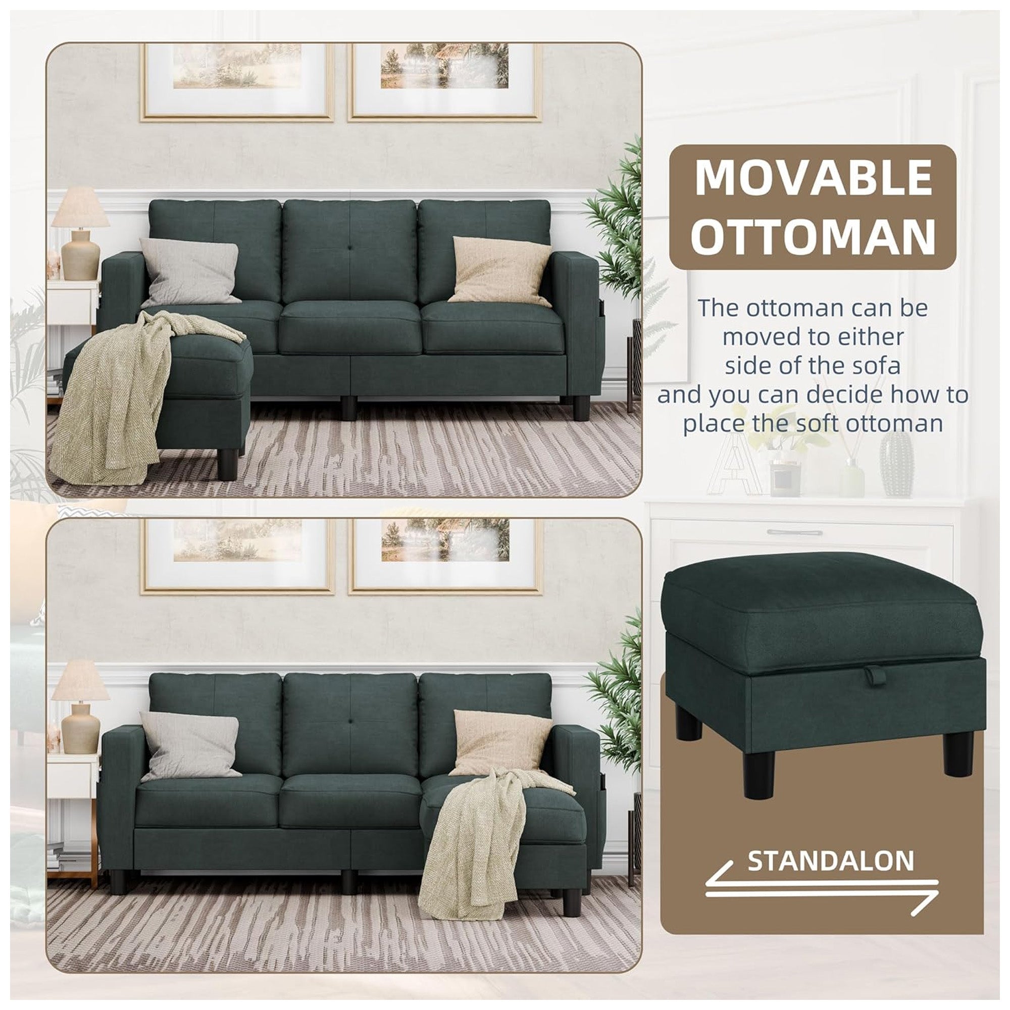 Walsunny Convertible Sectional Sofa w/Ottoman, L-Shaped 3-Seat Couch (For Parts)
