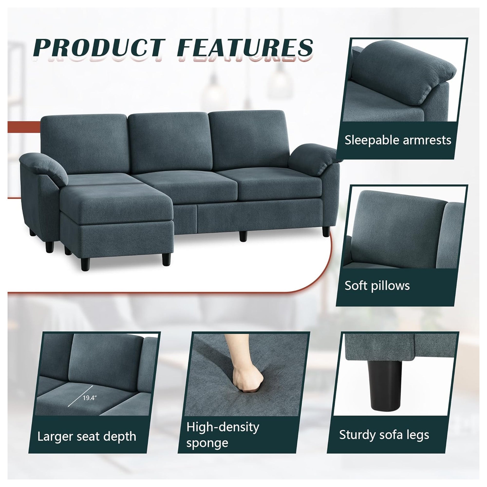 Vongrasig 79" Convertible Sectional Sofa Couch, L Shaped Furniture, Gray(Used)