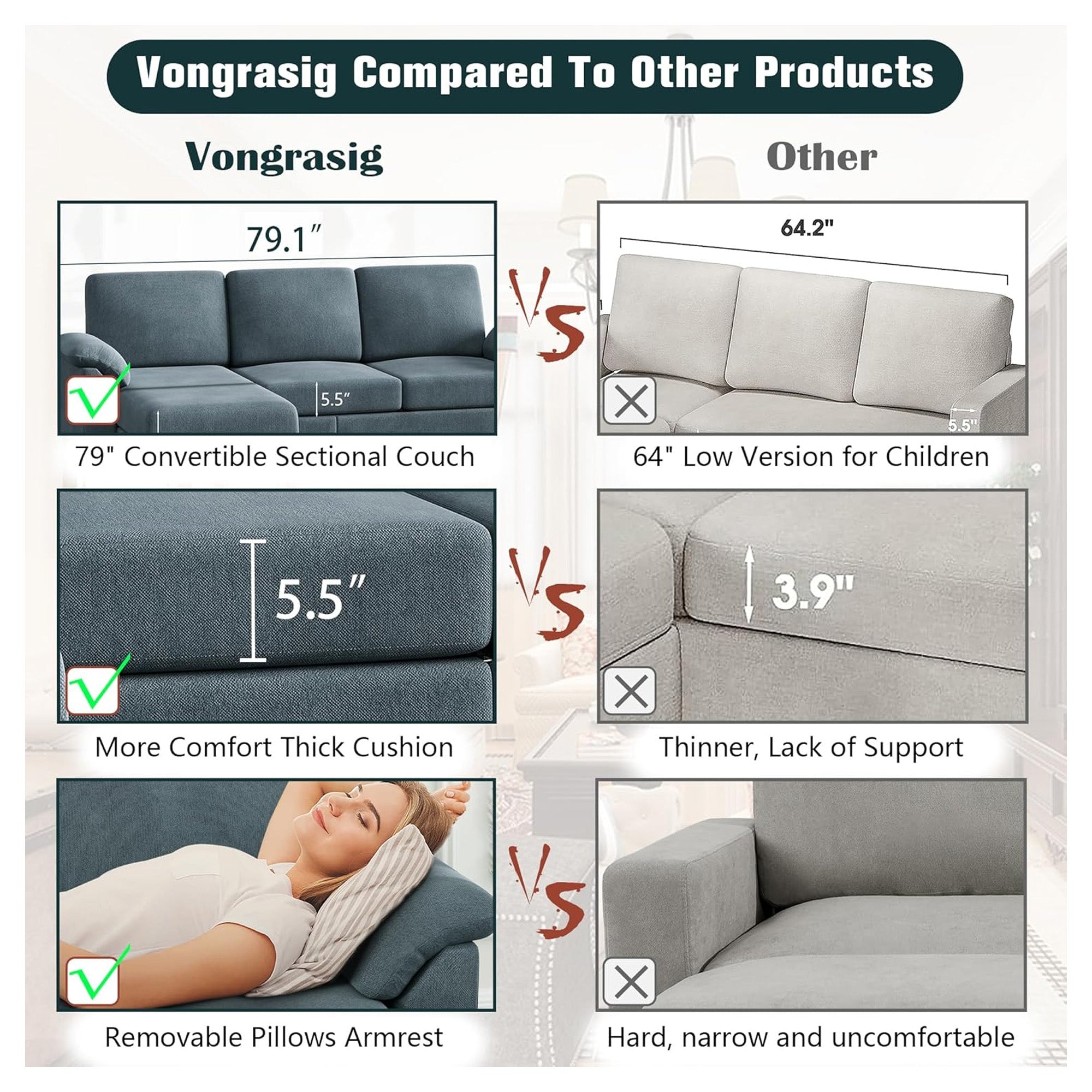 Vongrasig 79" Convertible Sectional Sofa Couch, L Shaped, Gray(For Parts) - VMInnovations