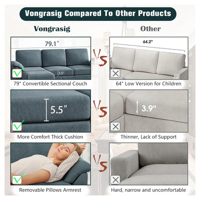 Vongrasig 79" Convertible Sectional Sofa Couch, L Shaped, Gray(For Parts) - VMInnovations