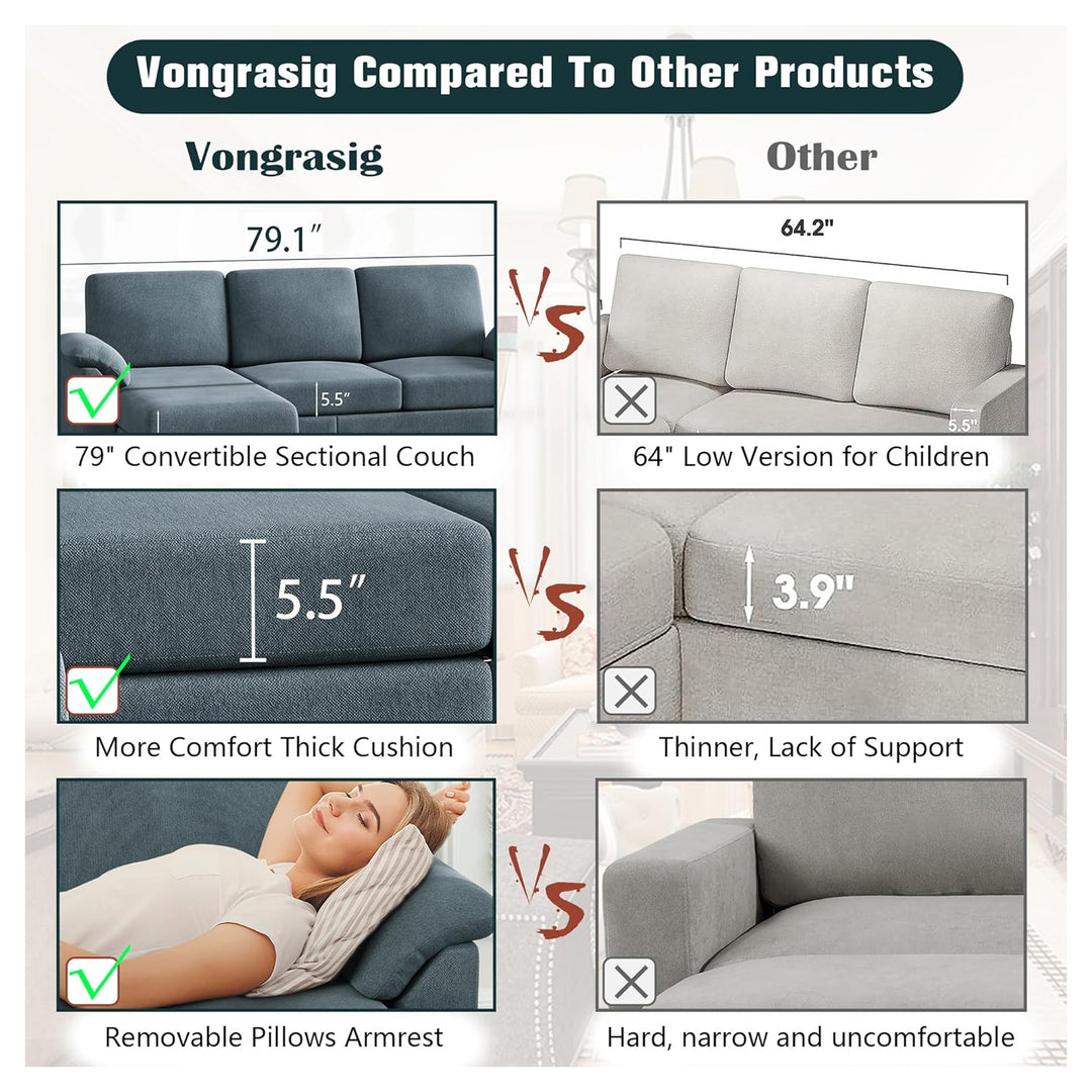 Vongrasig 79" Convertible Sectional Sofa Couch, L Shaped Furniture, Gray(Used) - VMInnovations