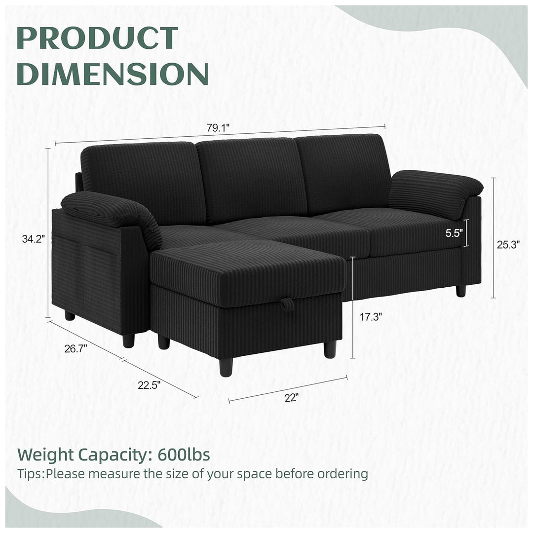 Vongrasig 79" Convertible Sectional Sofa w/Storage Ottoman, Black (For Parts)