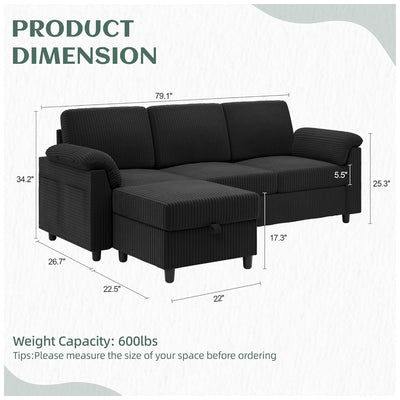 Vongrasig 79" Convertible Sectional Sofa w/Storage Ottoman, Black (For Parts) - VMInnovations