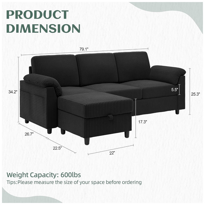 Vongrasig 79" Convertible Sectional Sofa w/Storage Ottoman, Black (For Parts)