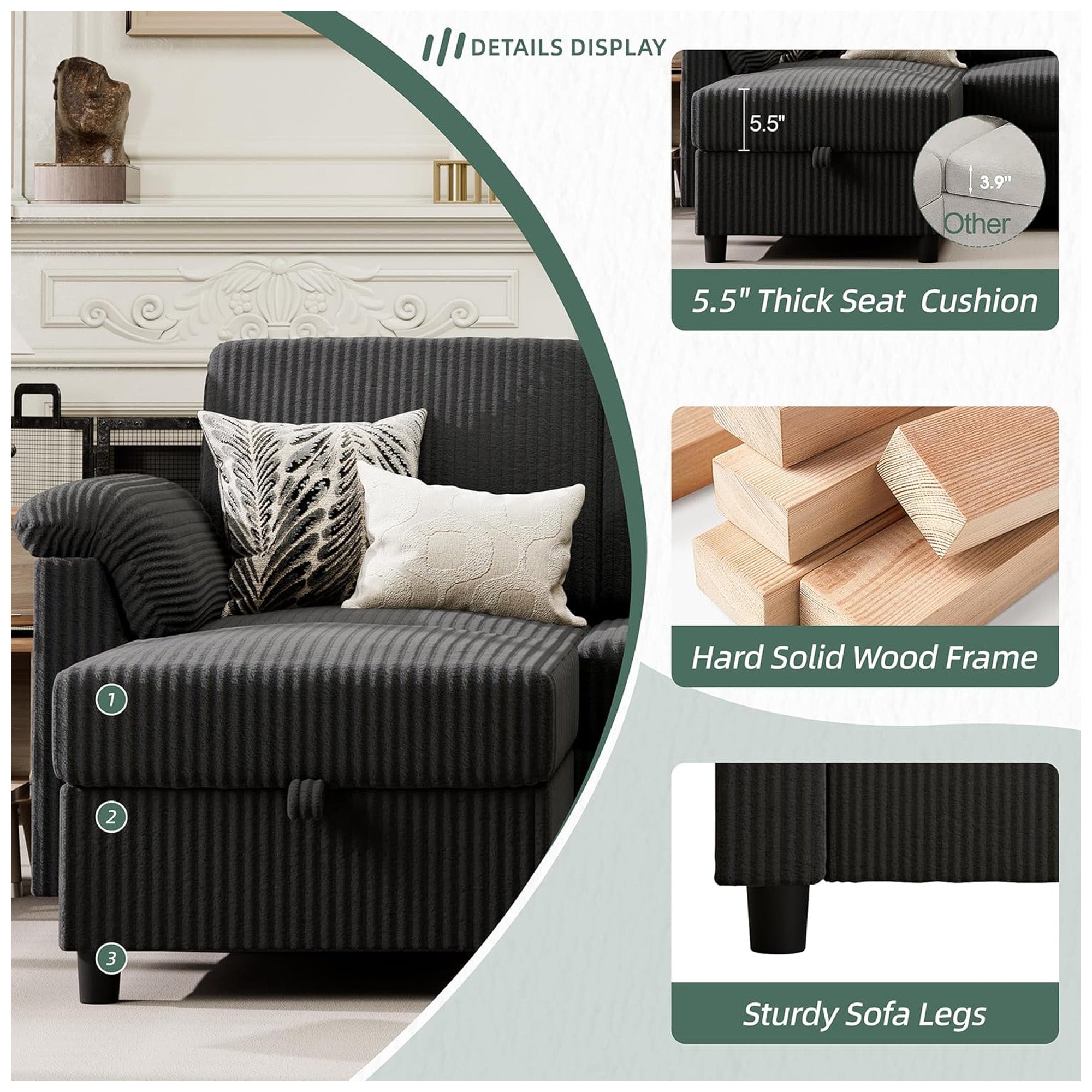 Vongrasig 79" Convertible Sectional Sofa w/Storage Ottoman, Black (For Parts) - VMInnovations