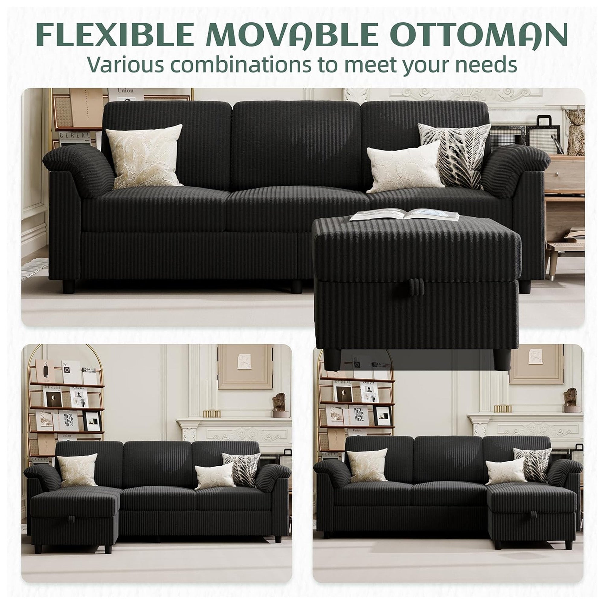 Vongrasig 79" Convertible Sectional Couch Sofa with Storage Ottoman (Open Box) - VMInnovations