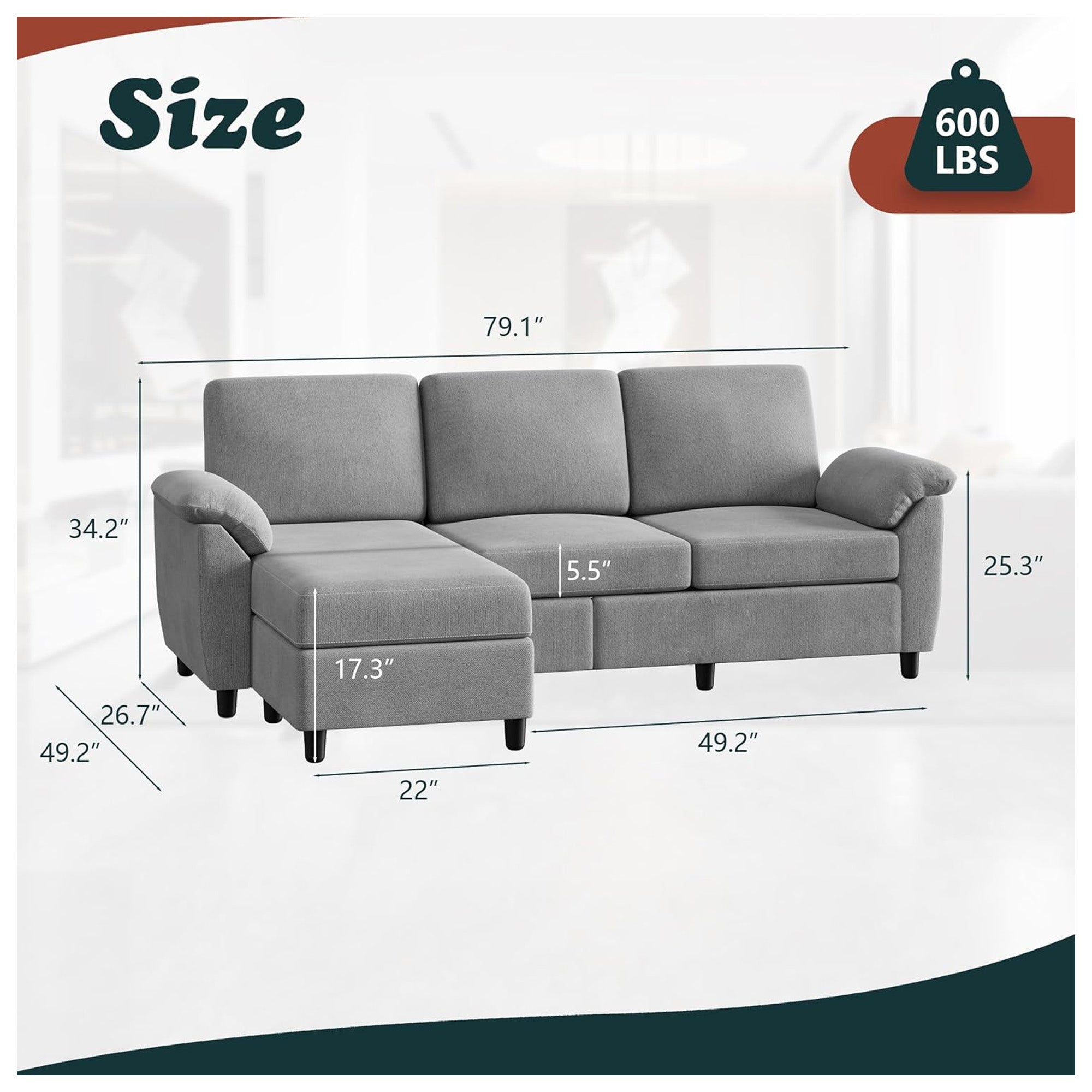 Vongrasig 79" Convertible Sectional Sofa Couch, L Shaped, Light Gray(Open Box) - VMInnovations