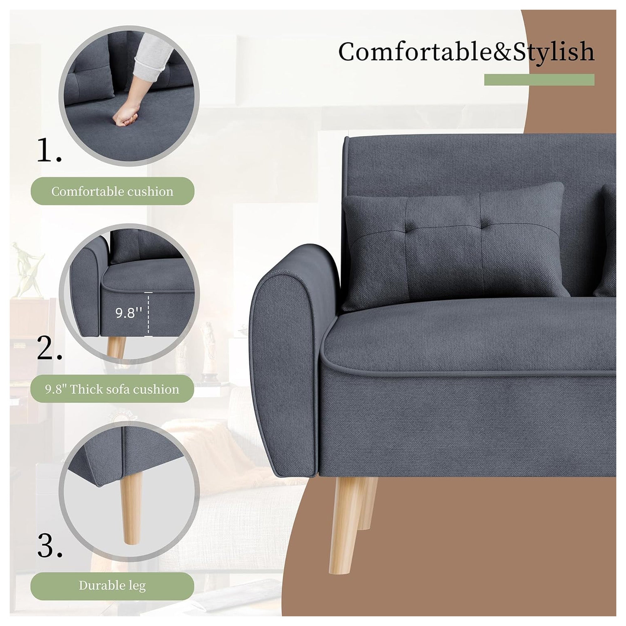 Vongrasig 47" Loveseat Sofa Couch w/Back Cushions for Home, Dark Gray(Used) - VMInnovations