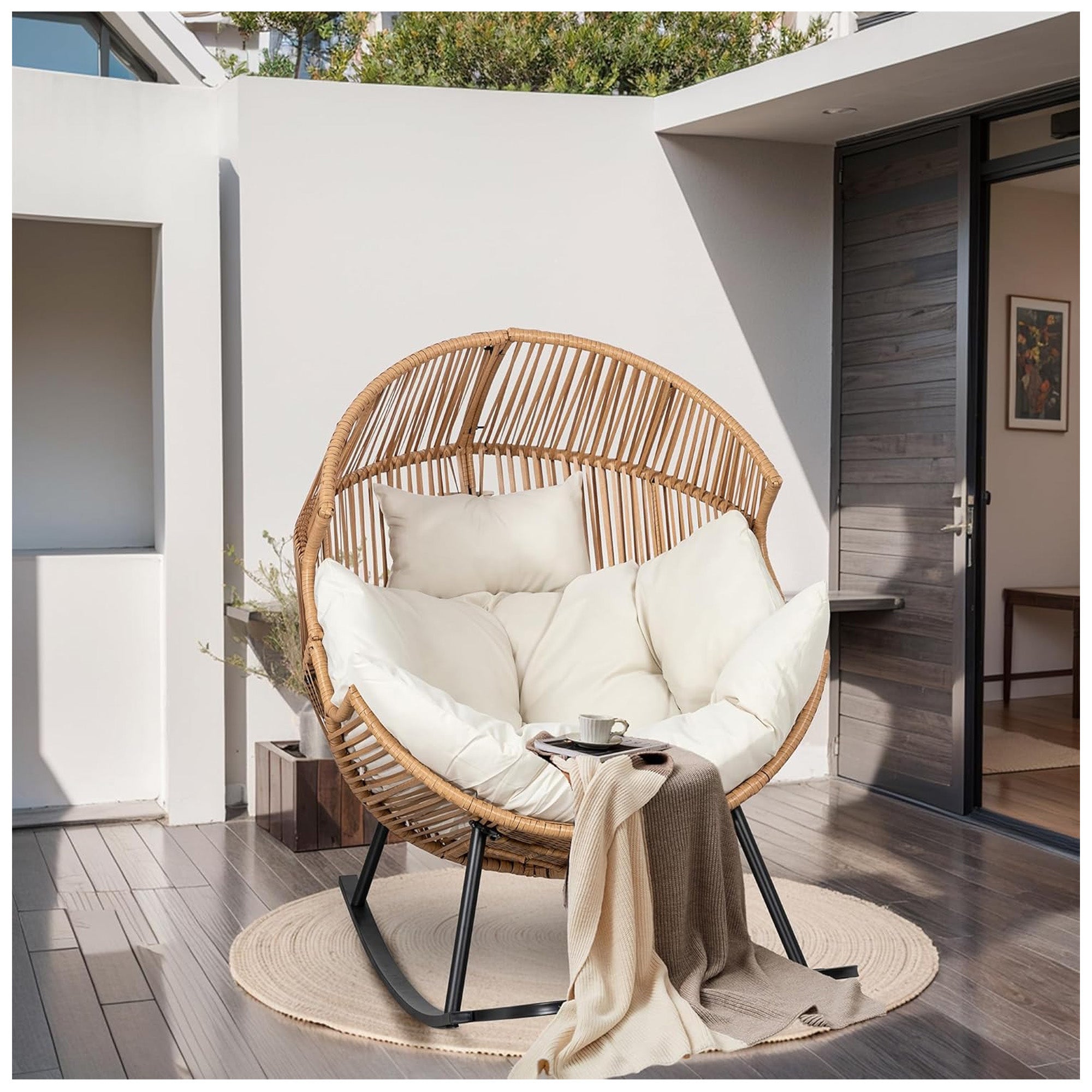 JAMFLY Rocking Egg Chair w/Cushion for Indoor and Outdoor Spaces, Beige (Used) - VMInnovations