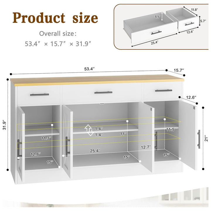 Vongrasig 53” Buffet Cabinet w/Drawers, Farmhouse Sideboard, White (Open Box)