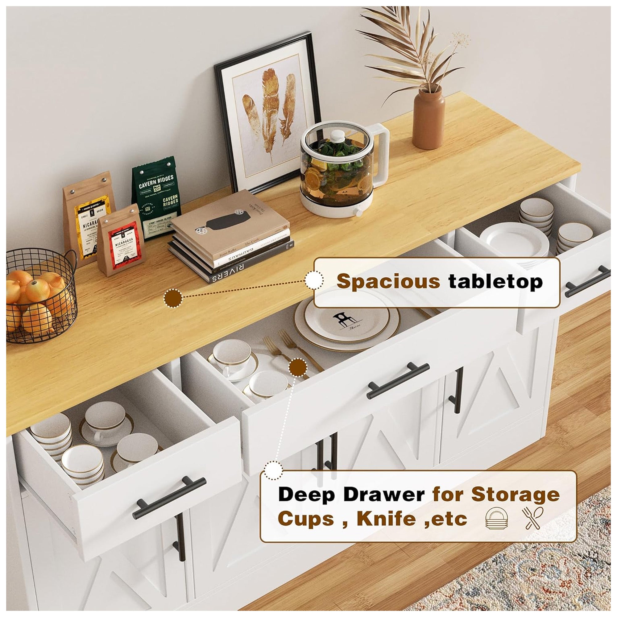 Vongrasig 53” Buffet Cabinet w/Drawers, Modern Farmhouse Sideboard (For Parts)