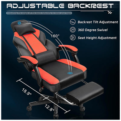 Meilocar Adjustable Gaming Chair w/Footrest, Massage Lumbar Support, Red (Used) - VMInnovations