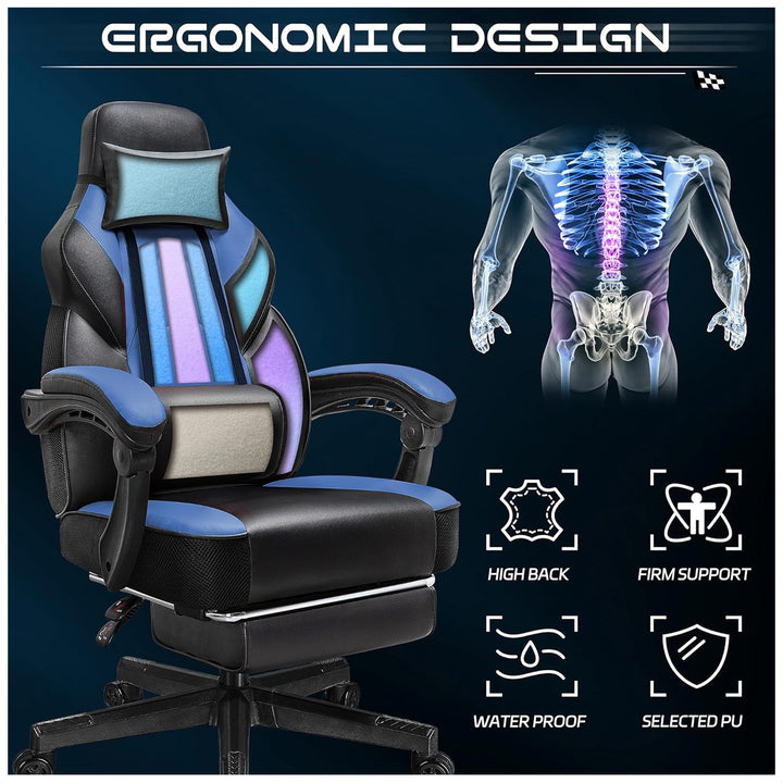 Meilocar Adjustable Gaming Chair w/Footrest, Massage Lumbar Support, Blue(Used)