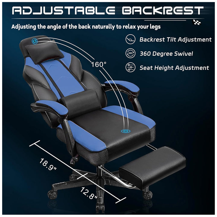 Meilocar Adjustable Gaming Chair w/Footrest, Massage Lumbar Support, Blue(Used)