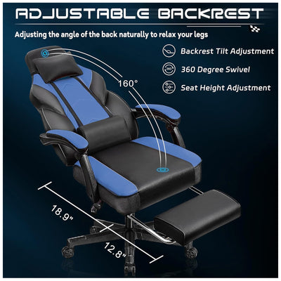 Meilocar Adjustable Gaming Chair w/Footrest, Massage Lumbar Support, Blue(Used) - VMInnovations