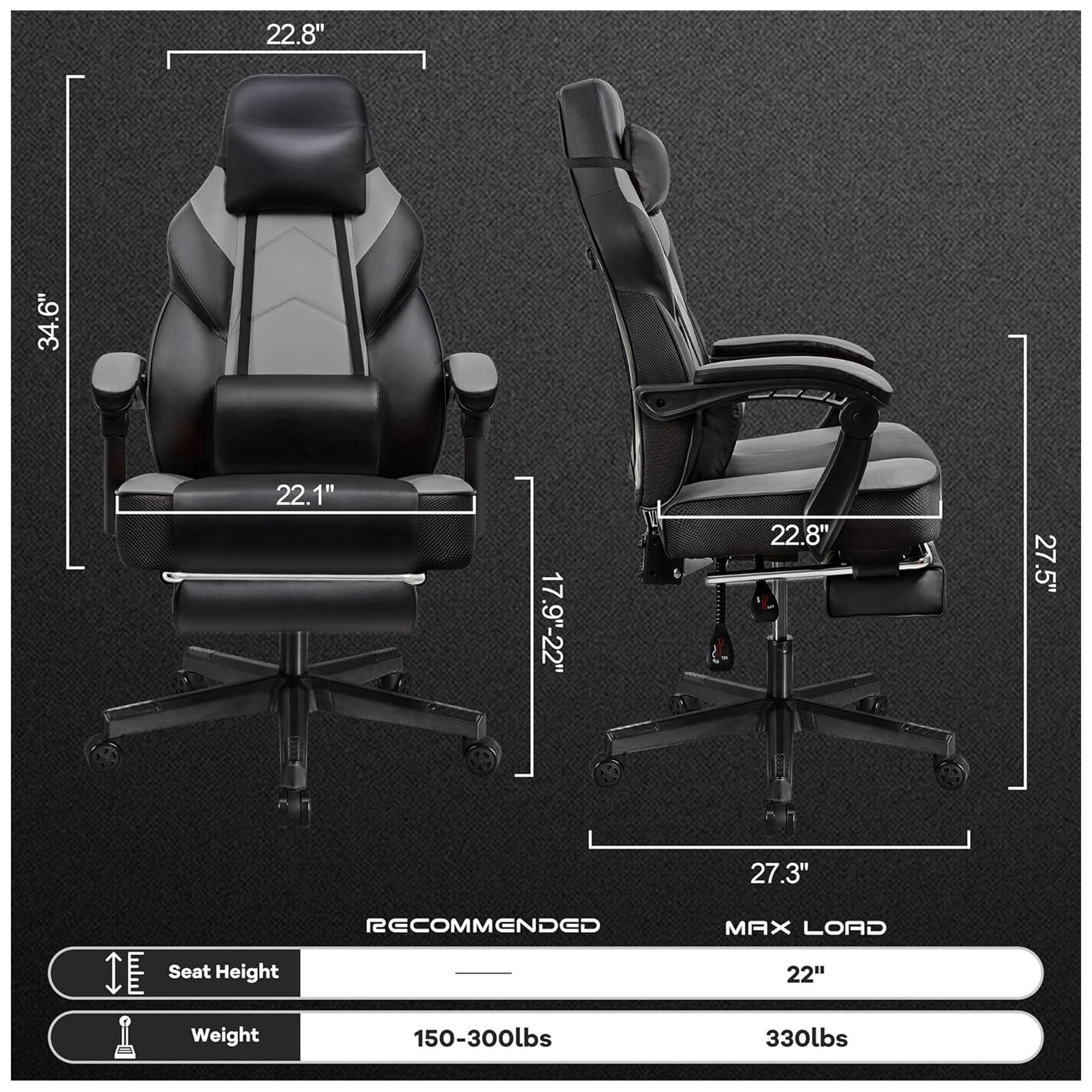 Meilocar Adjustable Gaming Chair w/Footrest, Massage Lumbar Support, Grey (Used)