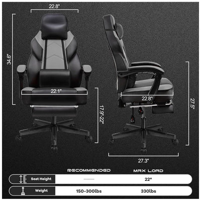 Meilocar Adjustable Gaming Chair w/Footrest, Massage Lumbar Support, Grey (Used)