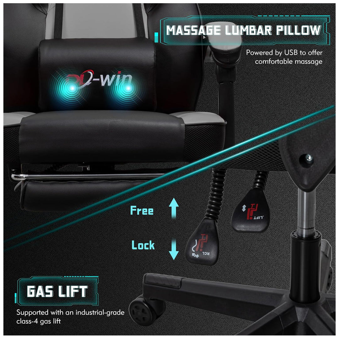 Meilocar Adjustable Gaming Chair with Footrest,Massage Lumbar Support(For Parts)