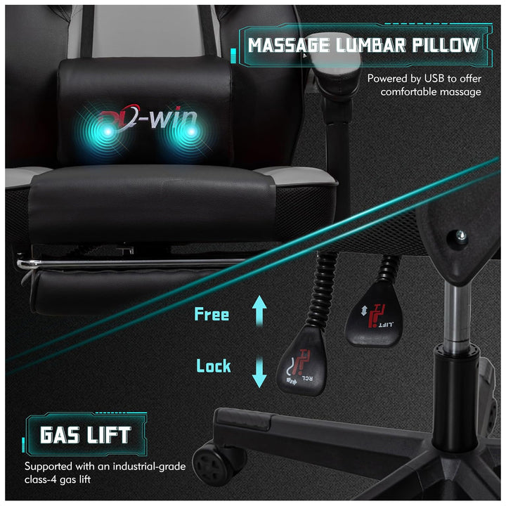 Meilocar Adjustable Gaming Chair w/Footrest, Massage Lumbar Support, Grey (Used)