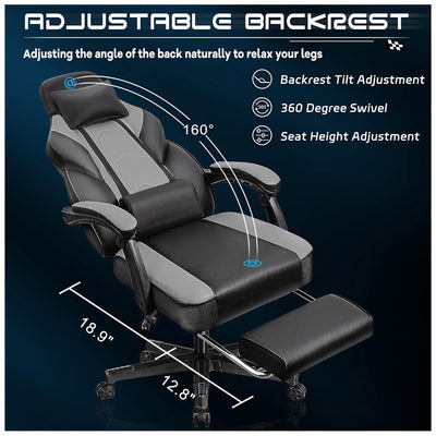 Meilocar Adjustable Gaming Chair w/Footrest, Massage Lumbar Support, Grey (Used)