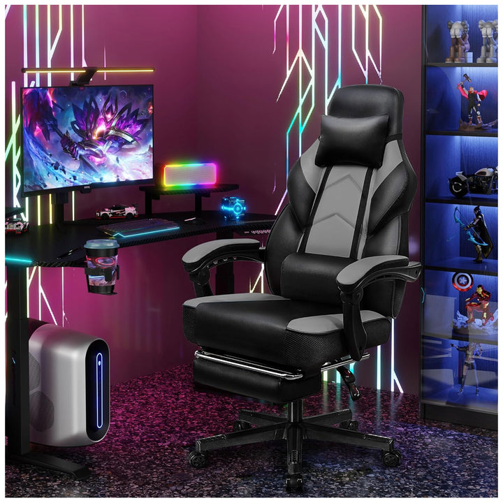 Meilocar Adjustable Gaming Chair w/Footrest, Massage Lumbar Support, Grey (Used)