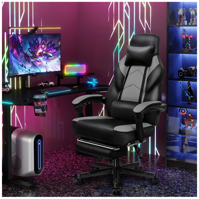 Meilocar Adjustable Gaming Chair w/Footrest, Massage Lumbar Support, Grey (Used)