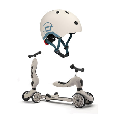 Scoot & Ride 2-in-1 Ride-On Scooter Highwaykick 1 and Kids Helmet XXS, Ash - VMInnovations