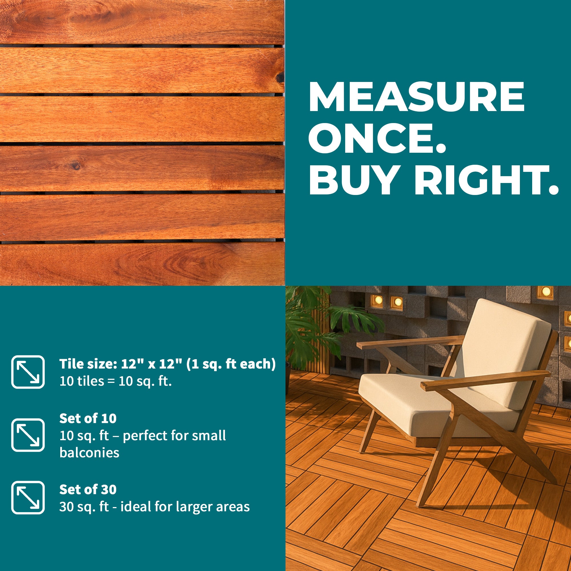 Bliss Outdoors Hardwood 6-Slat Interlocking Wood Deck Tiles, 10pc (Open Box) - VMInnovations