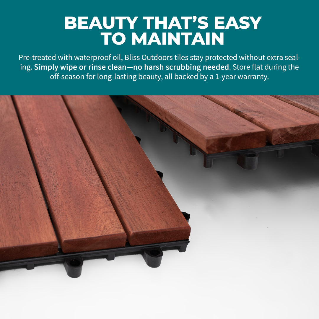 Bliss Outdoors Hardwood 6-Slat Interlocking Wood Deck Tiles, Red, Set of 10