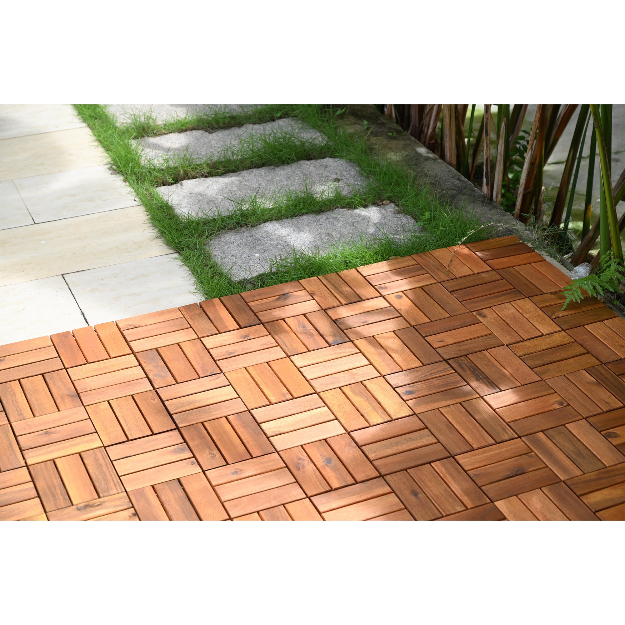 Bliss Outdoors Hardwood 12-Slat Interlocking Wood Deck Tiles, Natural, Set of 10 - VMInnovations