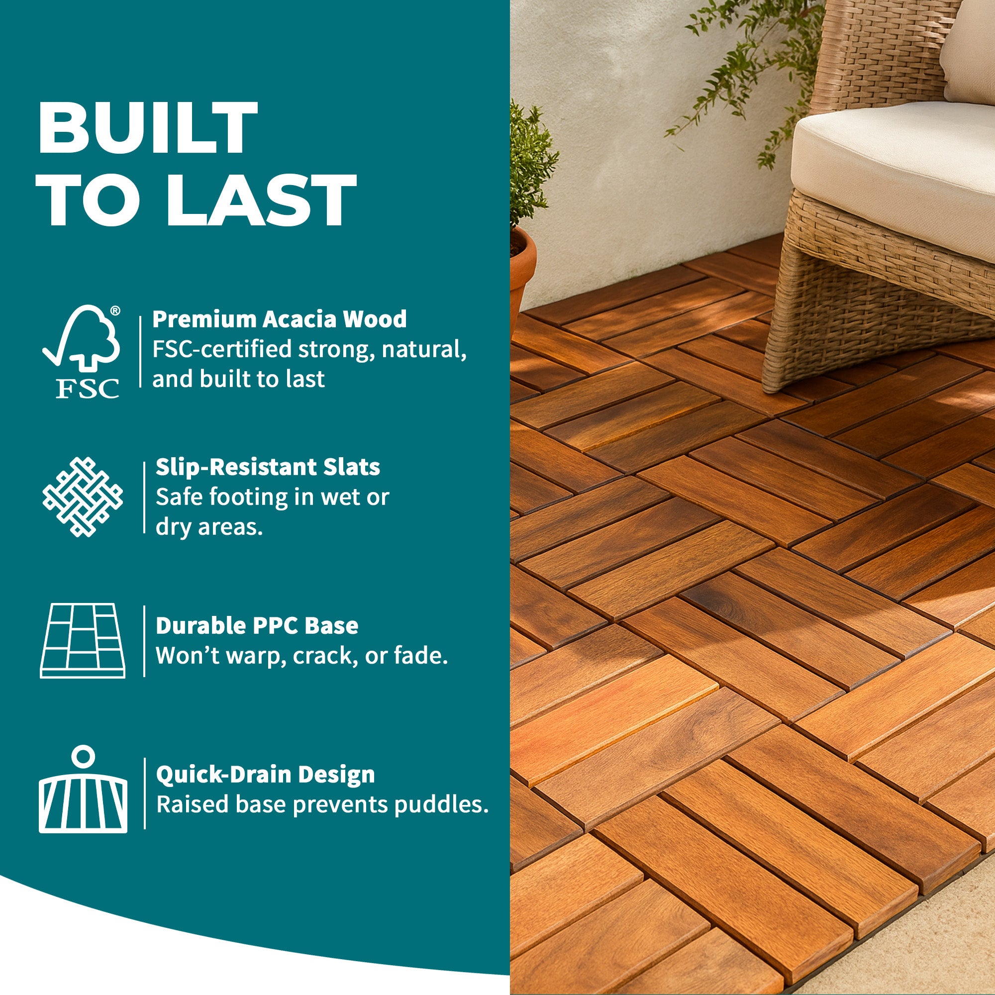 Bliss Outdoors Hardwood 12-Slat Interlocking Wood Deck Tiles, Natural, Set of 10 - VMInnovations