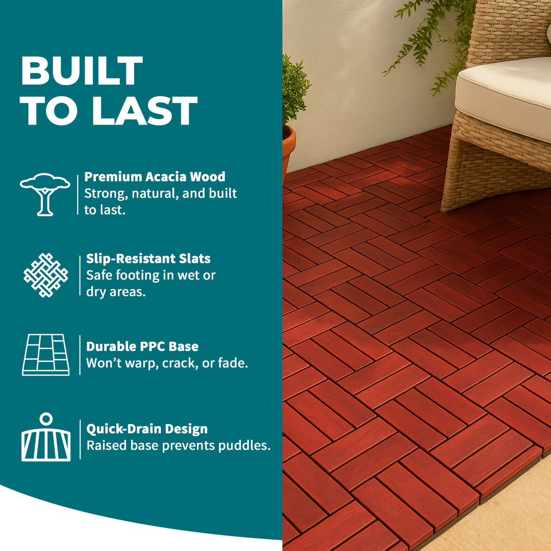 Bliss Outdoors Hardwood 12-Slat Interlocking Wood Deck Tiles, Red, Set of 10