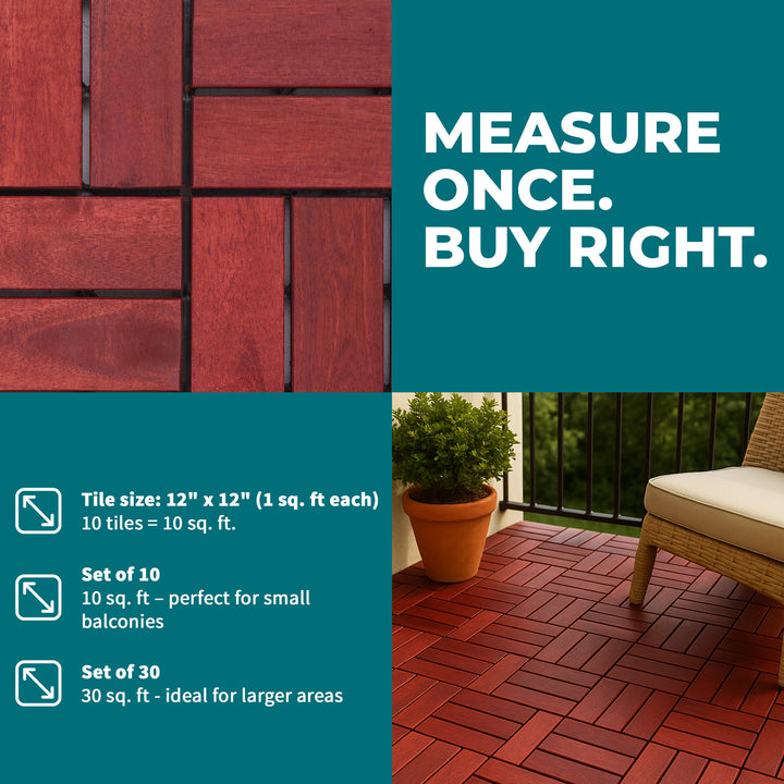 Bliss Outdoors Hardwood 12-Slat Interlocking Wood Deck Tiles, Red, Set of 10