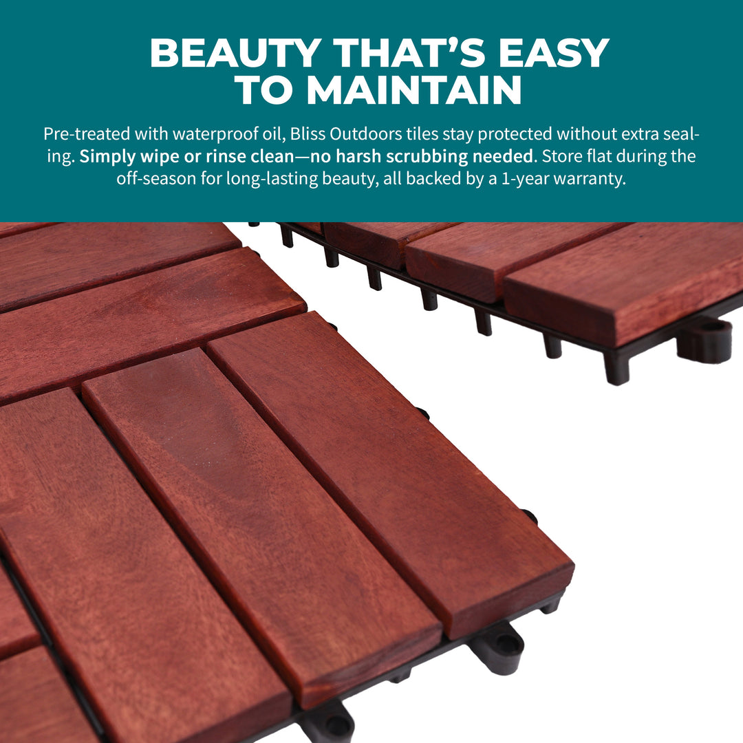Bliss Outdoors Hardwood 12-Slat Interlocking Wood Deck Tiles, Red, Set of 10