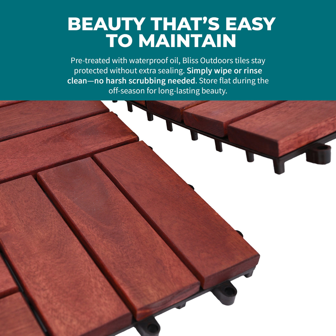 Bliss Outdoors Hardwood 12-Slat Interlocking Wood Deck Tiles, Red, Set of 10