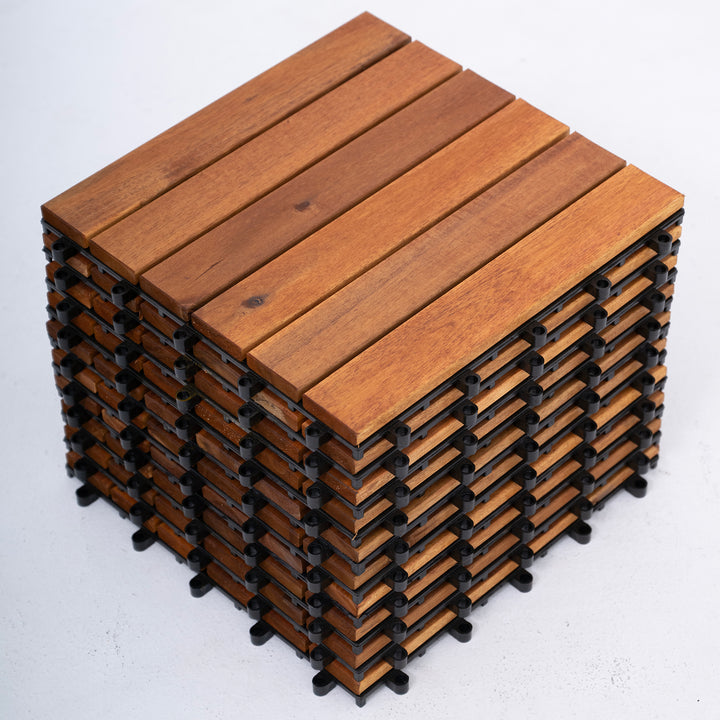 Bliss Outdoors Hardwood 6-Slat Interlocking Wood Deck Tiles, Natural, Set of 30