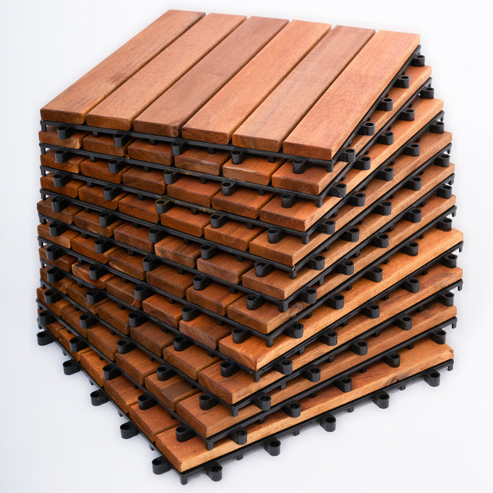 Bliss Outdoors Hardwood 6-Slat Interlocking Wood Deck Tiles, Natural, Set of 30