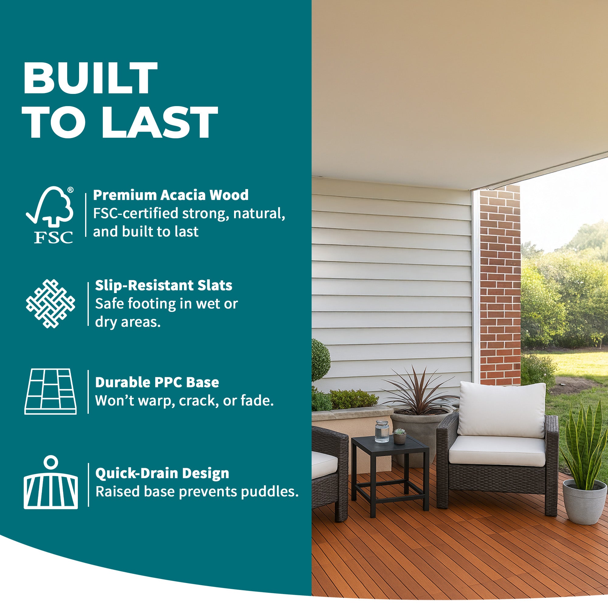 Bliss Outdoors Hardwood 6-Slat Interlocking Wood Deck Tiles, Natural, (Open Box) - VMInnovations