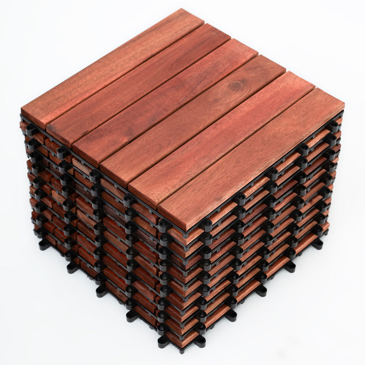 Bliss Outdoors Hardwood 6-Slat Interlocking Wood Deck Tiles, Red, Set of 30