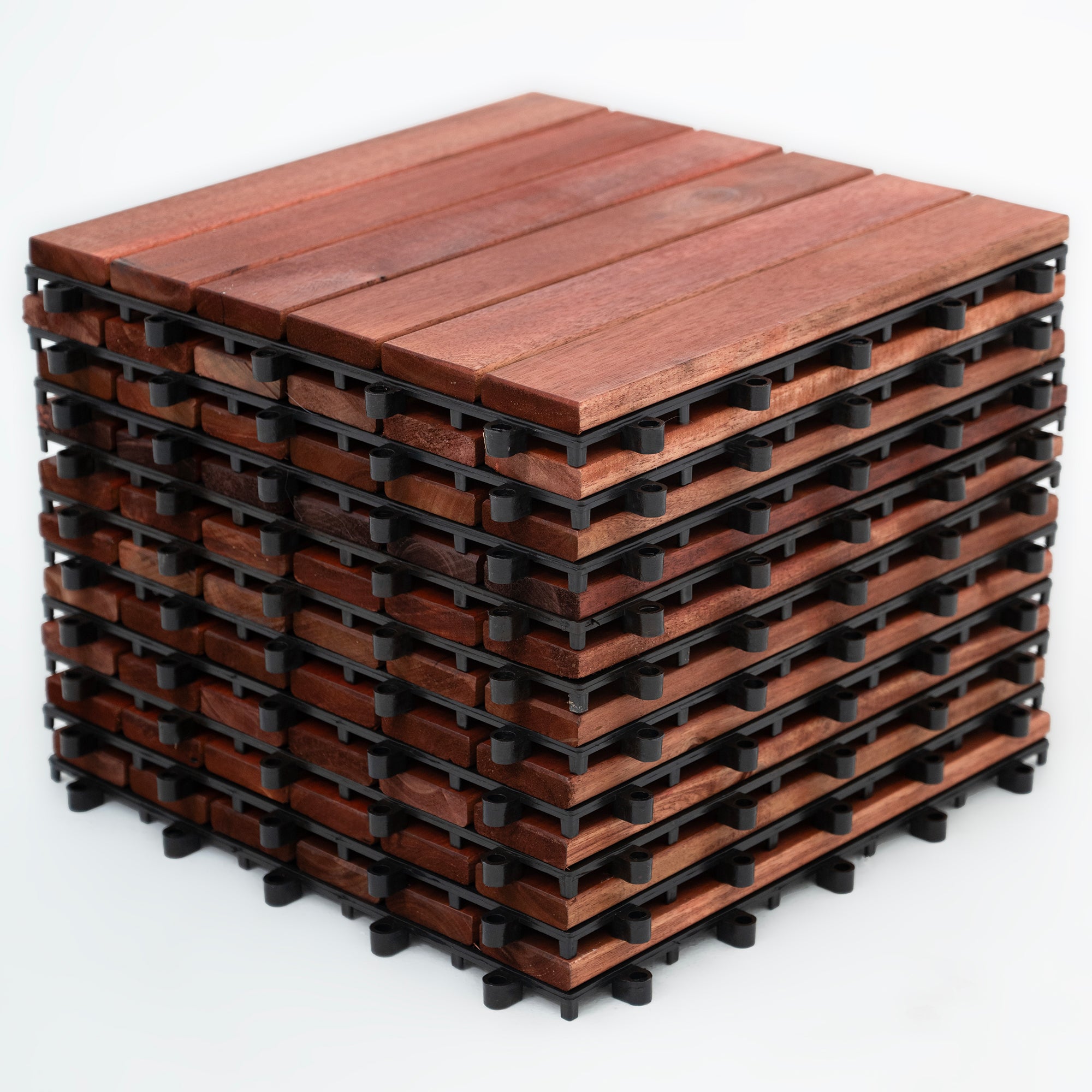 Bliss Outdoors Hardwood 6-Slat Interlocking Wood Deck Tiles, Red, (Open Box)