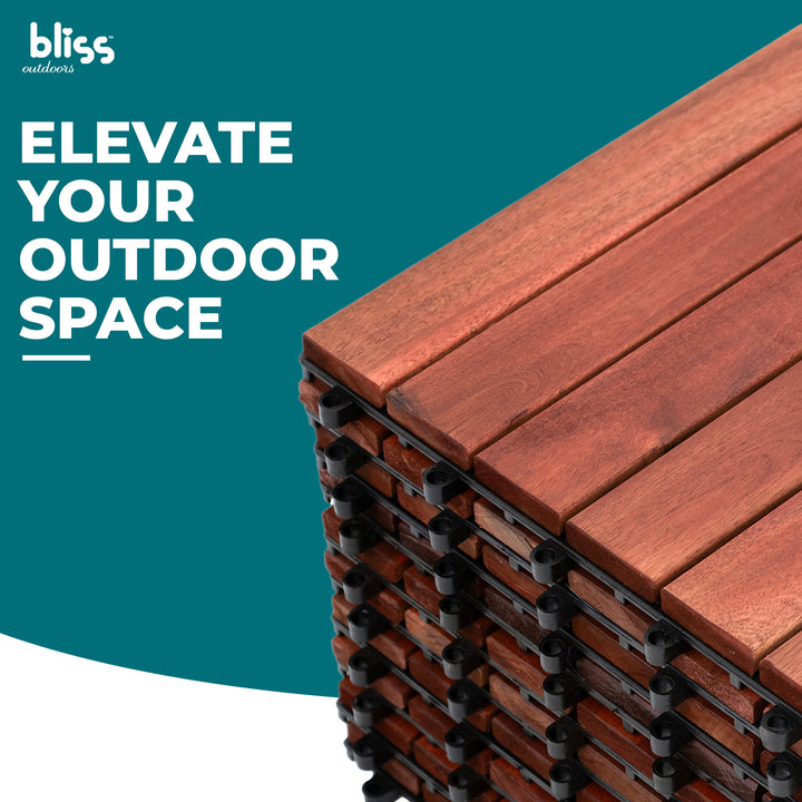 Bliss Outdoors Hardwood 6-Slat Interlocking Wood Deck Tiles, Red, Set of 30