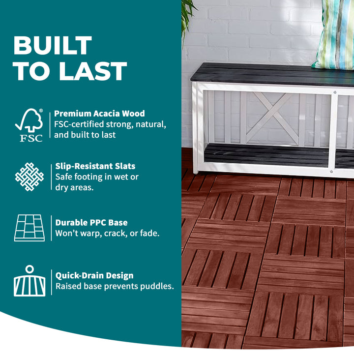 Bliss Outdoors Hardwood 6-Slat Interlocking Wood Deck Tiles, Red, Set of 30