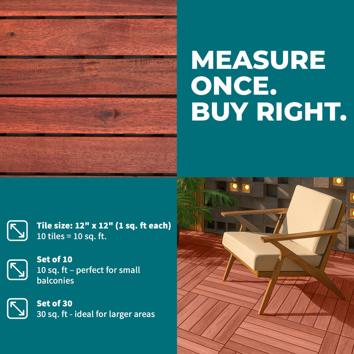 Bliss Outdoors Hardwood 6-Slat Interlocking Wood Deck Tiles, Red, Set of 30