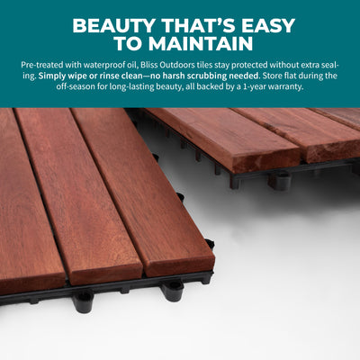Bliss Outdoors Hardwood 6-Slat Interlocking Wood Deck Tiles, Red, Set of 30 - VMInnovations