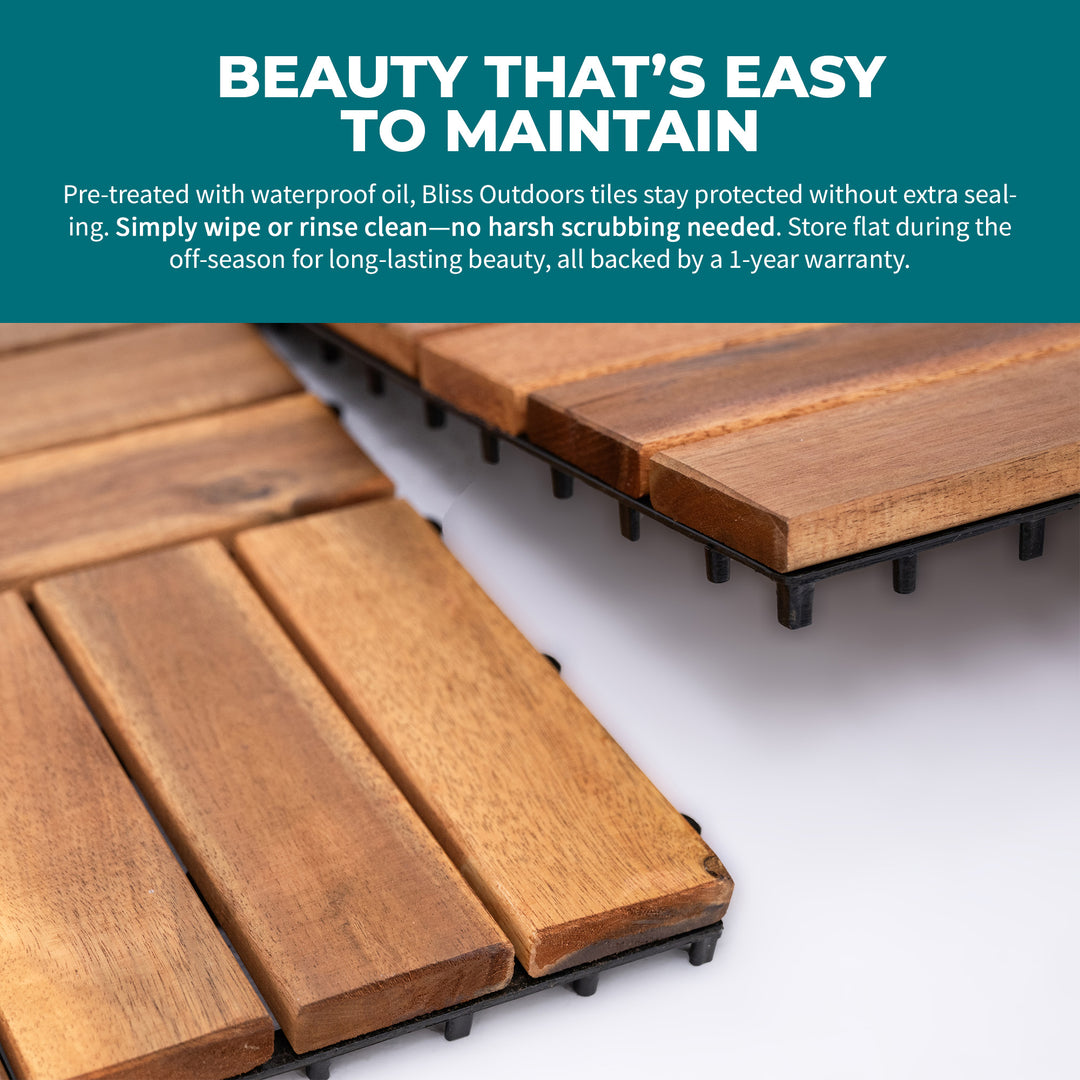 Bliss Outdoors Hardwood 12-Slat Interlocking Wood Deck Tiles, Natural, Set of 30