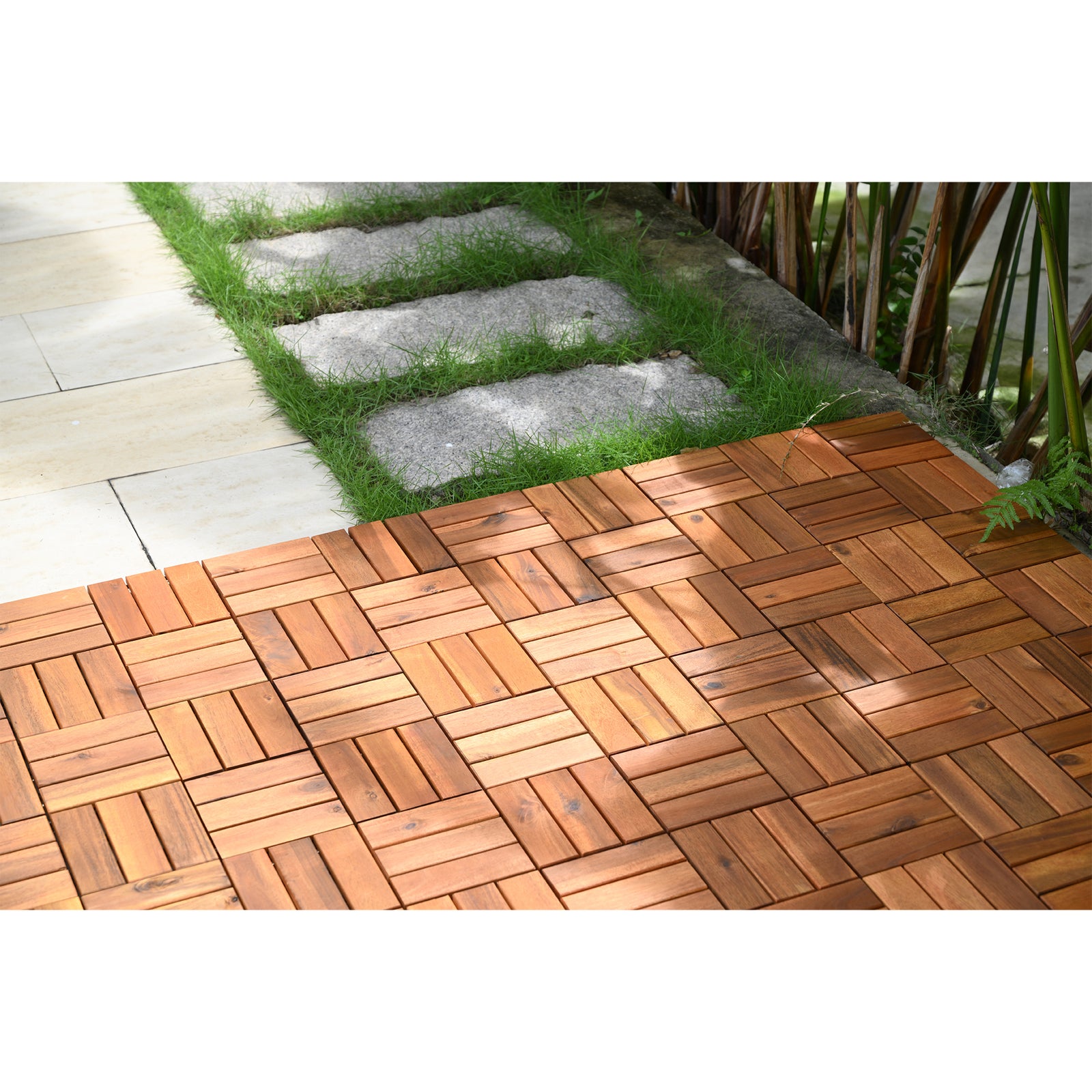 Bliss Outdoors Hardwood 12-Slat Interlocking Wood Deck Tiles, Natural, Set of 30 - VMInnovations